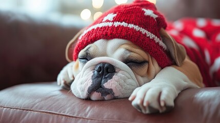 Poster - Adorable bulldog puppy sleeps soundly on a brown couch wearing a red knitted Christmas hat and sweater.