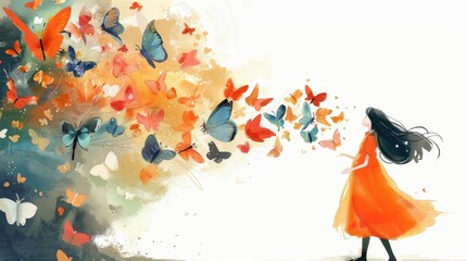 Wall Mural - A girl holding flowers and butterflies, with her back to the camera