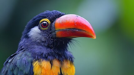 Wall Mural - Close-up portrait of a colorful toucan with a large, vibrant orange beak against a blurred green background.