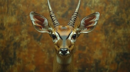 Wall Mural - Close-up portrait of a graceful antelope with distinctive spiral horns against a textured brown background.