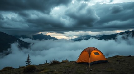 serene lakeside camping spot with orange tent and mountains