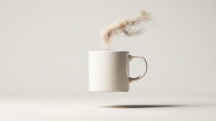 Poster - White mug is levitating and steaming against a minimal background, creating a surreal and captivating scene with potential for conceptual interpretations
