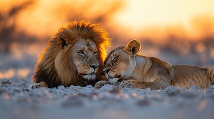 Wall Mural - Majestic lion couple nuzzling at sunset in African savanna.