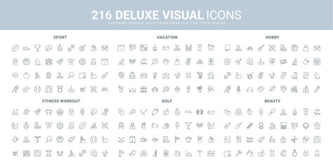 sport training and fitness workout, beauty cosmetics, travel and tourism line icon set. hobby and re