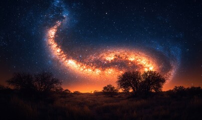 Wall Mural - Starry night sky swirls over silhouetted savanna.