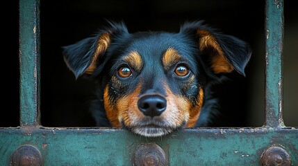 Poster - Sad-eyed dog looking through rusty metal gate.