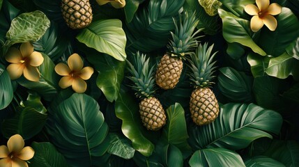 Aufkleber - Tropical seamless pattern with pineapples and leaves ideal for summer decor and textiles in vibrant colors. Generative AI