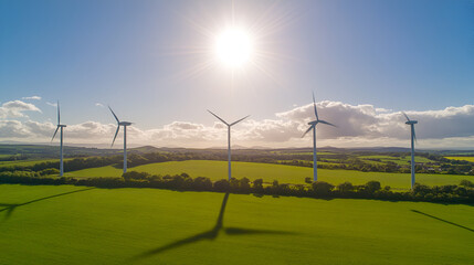 Sticker - Wind turbines in a green field under a bright sun.