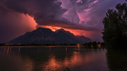 Wall Mural - Dramatic Stormy Sunset Over Mountains And Lake