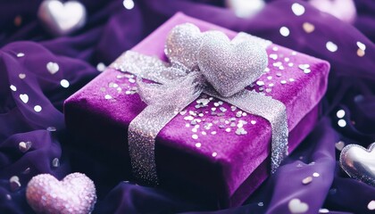 Valentine's day surprise gift romantic setting purple velvet box heart decorations intimate atmosphere love concept