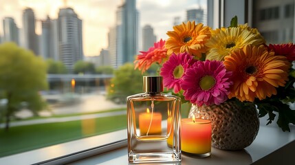 Wall Mural - Stylish perfume bottle paired with vibrant flowers and candles, sitting on a modern windowsill with a view of a tranquil urban skyline