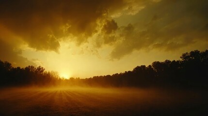 Wall Mural - golden sunset over foggy field and trees