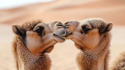 Wall Mural - Two camels nuzzling each other in the desert.