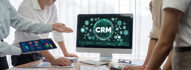 Aufkleber - Customer relationship management system on brisk computer for CRM business and enterprise