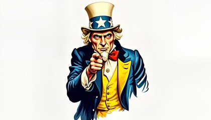 Uncle Sam in yellow outfit points directly at viewer. Motivational figure. American patriotism image. Strong visual appeal. Ideal for social media posts. Great for patriotic campaigns. Use image for