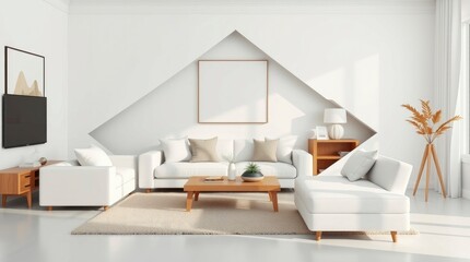 Scandinavian-inspired living room interior design with light oak flooring, white walls, a beige sofa, and minimalist decor, creating a cozy and serene environment.
