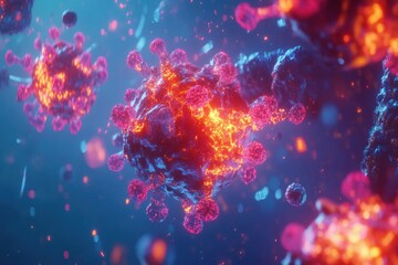 Leinwandbilder - Visual representation of antibodies targeting glowing viruses in a dynamic cellular environment. Generative AI