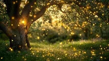 Canvas Print - Enchanting Firefly Lit Tree And Grassland Scene