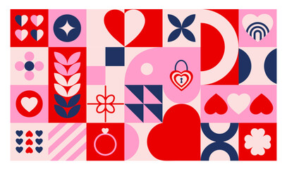 Poster - Valentines Day background with colorful abstract geometric shapes. Red, pink, blue and beige colors. Vector modern graphic banner