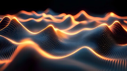 Wall Mural - Glowing wave patterns with radiant peaks flowing dynamically, highlighted by smooth gradients and abstract lighting, creating a futuristic feel