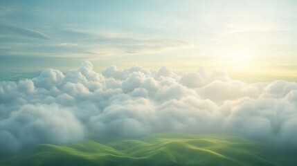 Wall Mural - Serene clouds over misty green hills at sunrise