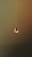 Poster - Macro close up of a single water droplet hanging on a thin string, reflecting orange light against a blurred dark background, creating a mesmerizing visual
