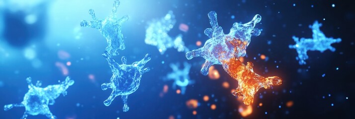 Leinwandbilder - Visualization of antibodies engaging and attacking glowing viruses in a scientific representation. Generative AI