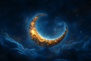 Wall Mural - ornate crescent moon glowing in night sky.