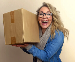 happy smiling woman holds paper box  