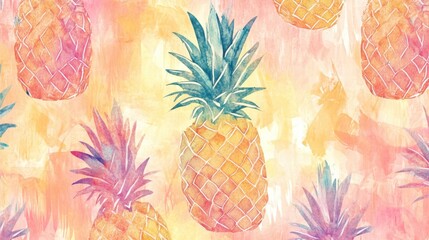 Poster - Colorful watercolor pineapple pattern in bright hues for summer designs and decor inspiration. Generative AI