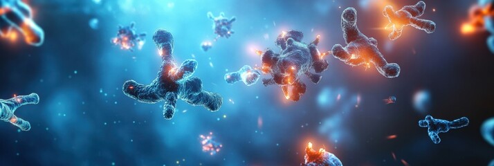 Leinwandbilder - Visualized antibodies vividly attacking glowing viruses in a dynamic and colorful microscopic environment. Generative AI