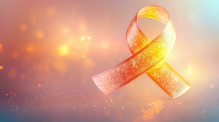 Wall Mural - A radiant cancer awareness ribbon on a clear, softly textured background with warm glowing light and smooth gradient tones