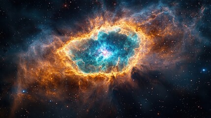 Wall Mural - Cosmic nebula, fiery orange, teal center, star-studded.