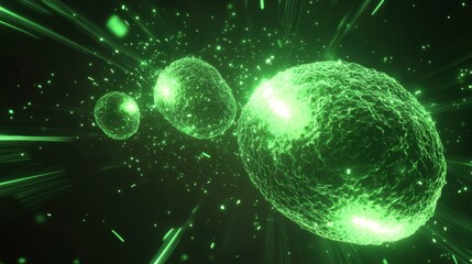 Leinwandbilder - Viruses invade cells depicted in vibrant green light showcasing dynamic interaction and cellular response. Generative AI