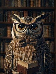 Leinwandbilder - Owl wearing glasses and a bow tie reading a book in front of a grand bookshelf filled with old literature. Generative AI