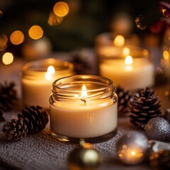 Wall Mural - Lit candles in glass jars surrounded by pine cones and Christmas ornaments on a cozy surface with bokeh lights.