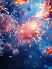 Fototapete - Antibodies target glowing viruses in a vibrant display of immune response. Generative AI