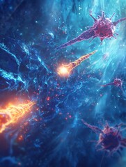 Poster - Visualized antibodies engage and attack glowing viruses in a vibrant microscopic environment filled with activity. Generative AI