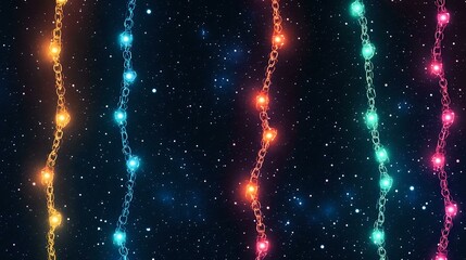 decorative glowing hanging light chains with vibrant hues forming a seamless pattern on a dark starr