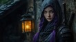 © anis rohayati - An Asian female warrior with purple hair under her hood, leaning against an ancient stone wall in the village background wallpaper AI generated image