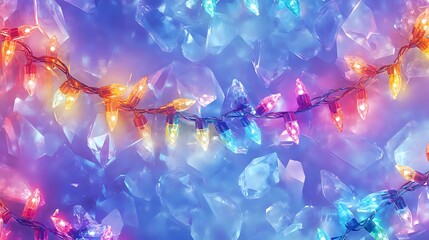 Wall Mural - glowing light garlands with vibrant hues in a seamless decorative pattern on a polished crystal-like