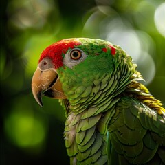 Close-up of a green parrot with vibrant red spots on its head