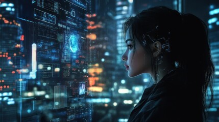 A woman with futuristic holographic modern digital cyber technology, background wallpaper AI generated image
