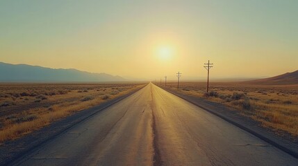 Wall Mural - View of a long straight deserted asphalt road with the evening sun sky background wallpaper AI generated image