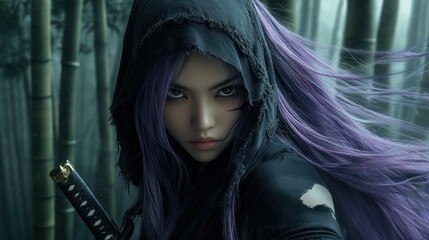 Wall Mural - A purple-haired Asian female warrior under a hooded robe, standing in a misty bamboo forest, background wallpaper AI generated image