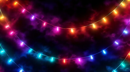 Wall Mural - seamless glowing light garland pattern in vibrant colors on a dark velvety background with soft glow
