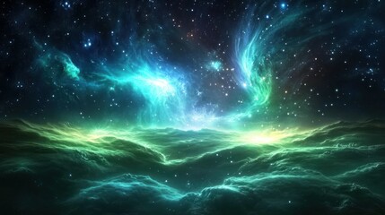 A stunning space scene of green nebulae resembling auroras rippling across the dark void background wallpaper AI generated image