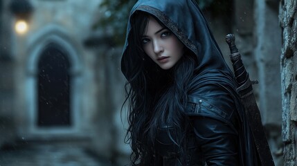 Wall Mural - A black-haired Asian female warrior under a hooded cloak, standing in the courtyard of a medieval castle background wallpaper AI generated image