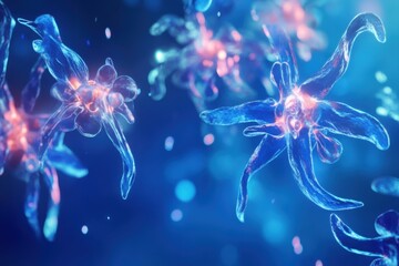Poster - Visualization of antibodies attacking glowing viruses in a vibrant healthcare concept. Generative AI