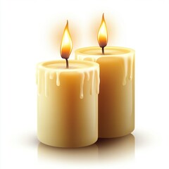 Wall Mural - Two lit yellow candles with melted wax, isolated on white background.